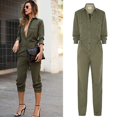 Hot Sale Ladies Sexy Vintage Romper Long Pants Women Slim Bodycon Jumpsuit Long Sleeve Army Green Solid Casual Cargo Pants|Jumpsuits|