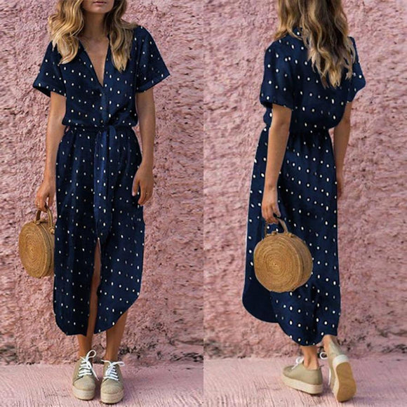 KANCOOLD Dress Womens Sexy Casual Daily Bow Tie V Neck Dot Button Dress Short Sleeve Soild Long Dress women 2018AUG14|Dresses